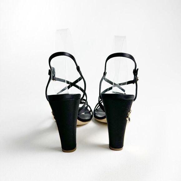CHANEL Black Gold Heels Size 39 US 8.5 Interlocking CC Logo Slingback Sandal - Picture 7 of 13